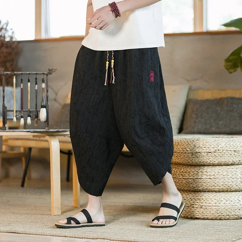 Japanese Kimono Traditional Shorts Men's Asian Clothing Bathing Pants Casual Loose Men's Japanese Yukata Linen Wide Leg Trousers Cotton Monk Pants