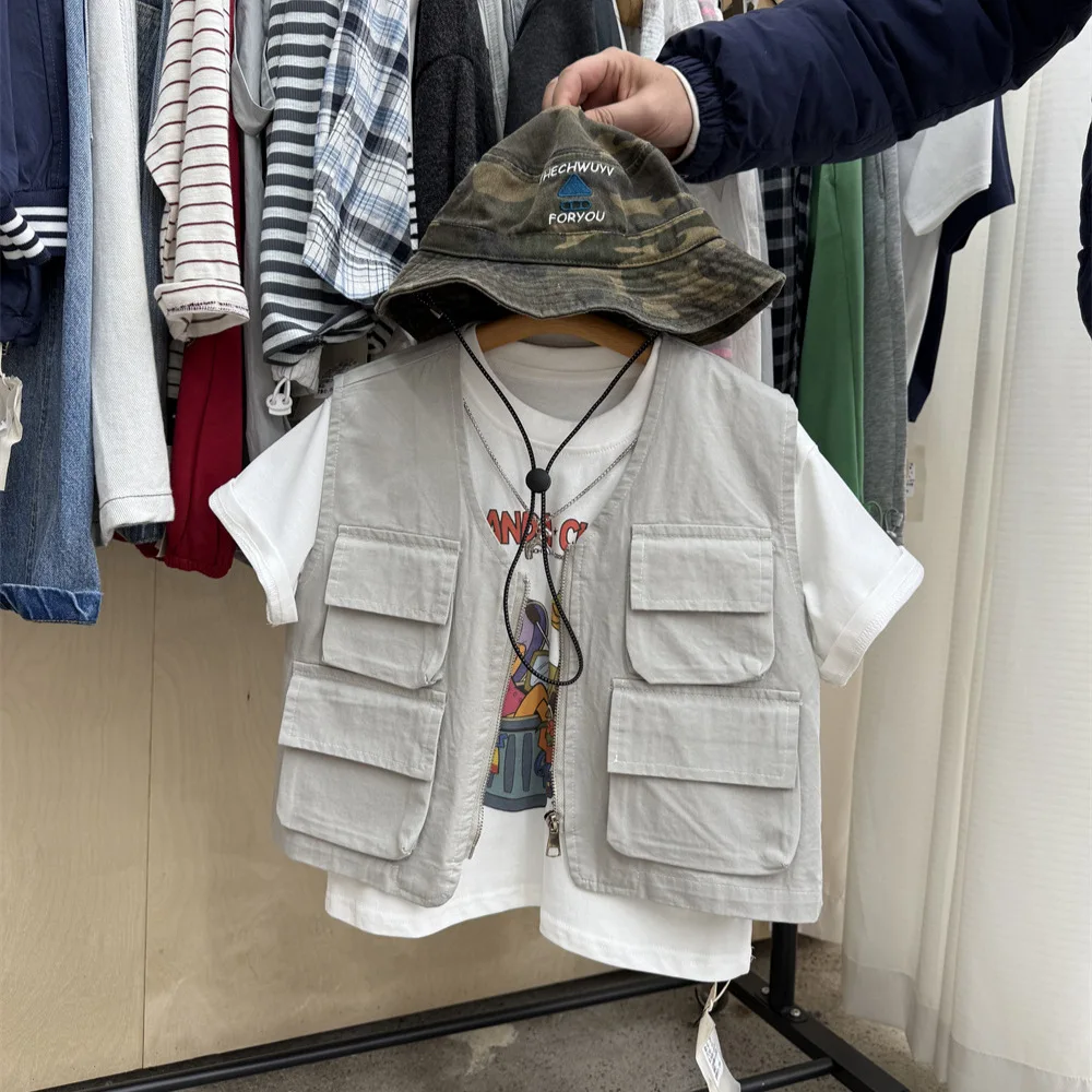 아동복 어린이 캐주얼 코트 봄과 여름 아메리칸 스타일 포켓 코튼 조끼 멋진 소..