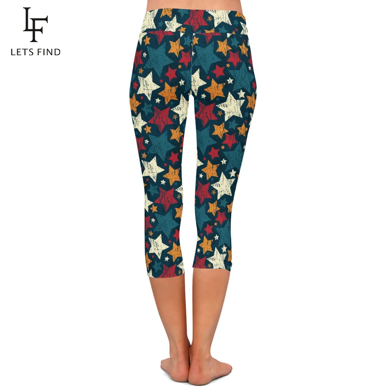 LETSFIND 2020 Fashion Retro Star Print Women Mid-Calf Leggings High Waist  Pants Fashion Women Fitness Capri Leggings