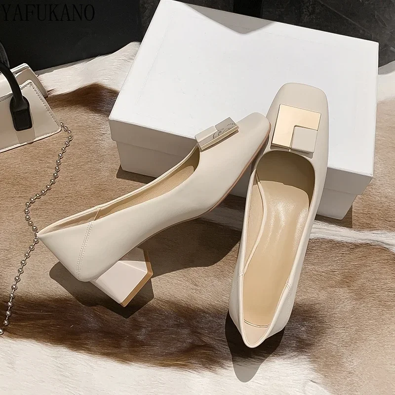 2025 New Fashion Square Toe High Heels Elegant Ladies Office Work Shoes Soft Leather Comfort Mid Heel Casual Womens Pumps 4
