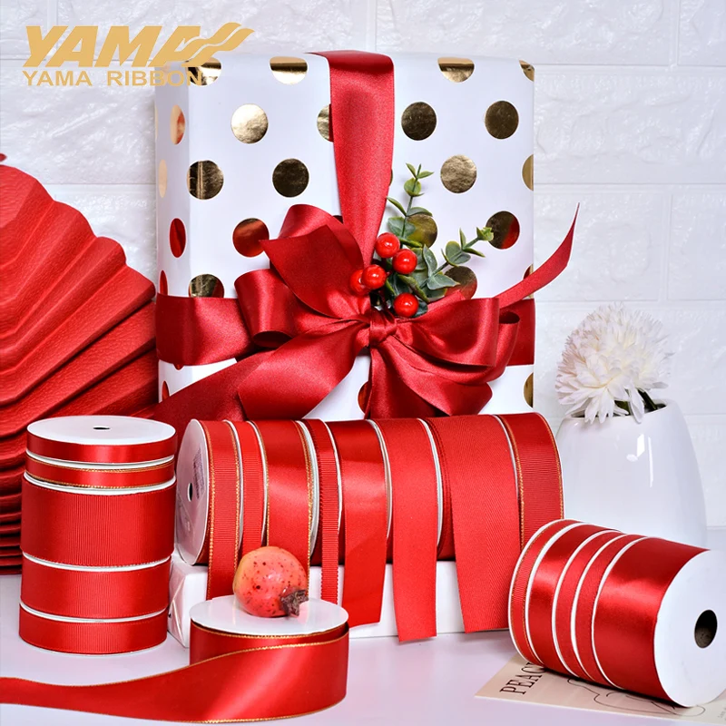 YAMA-Red Satin Grosgrain Ribbon, Christmas Decoration, Wedding Party ...