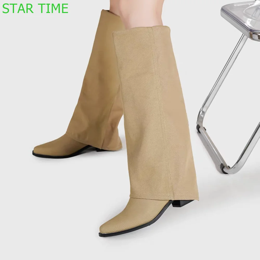 

Retro Pointed Toe Denim Long Boots 2024 Spring New Casual Chunky Heel Knight Boots Solid Color Women High-Knee Boots