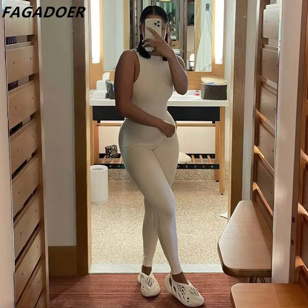 FAGADOER Sporty Skinny Sleeveless Jumpsuits Women Solid Slim Playsuits Spring Fall Bodycon Long Pants Romper Female Clothes 2022