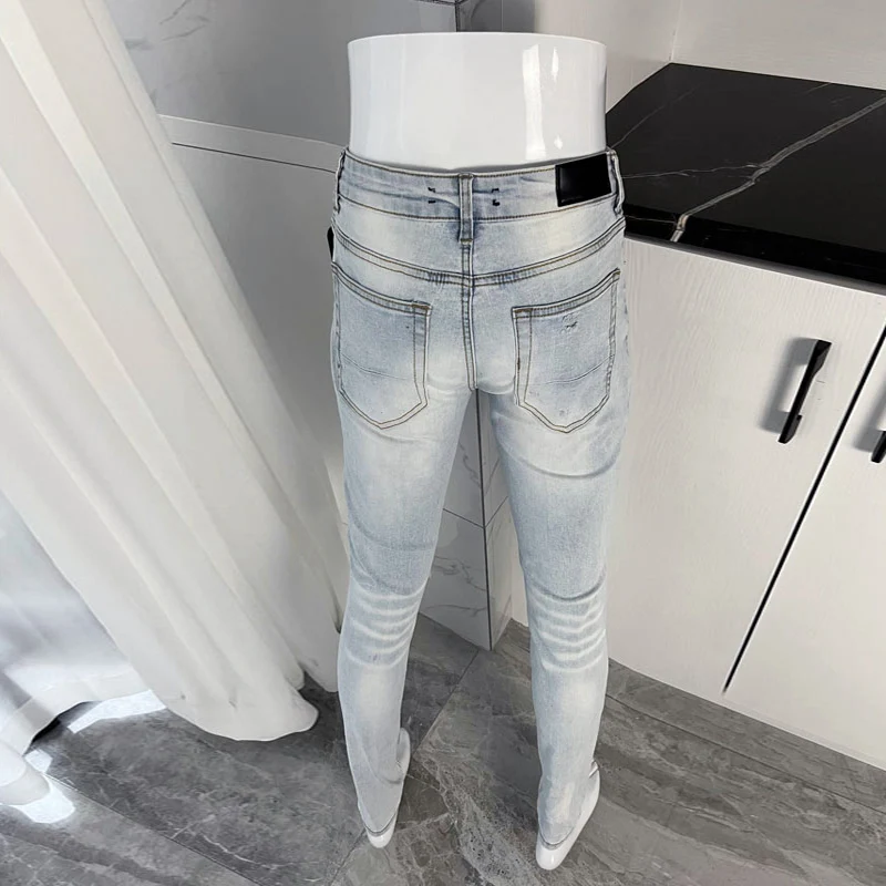 High Street Fashion Men Jeans Retro Light Blue Stretch Skinny Fit Ripped Jeans Men Patched Designer Hip Hop Brand Pants Hombre