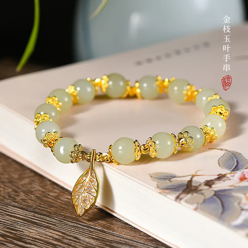 

Shot Natural Hetian Jade Bracelet Women's Retro Golden Branch Jade Leaf Bracelet New Gift Fashion pulseras bracelets for girls