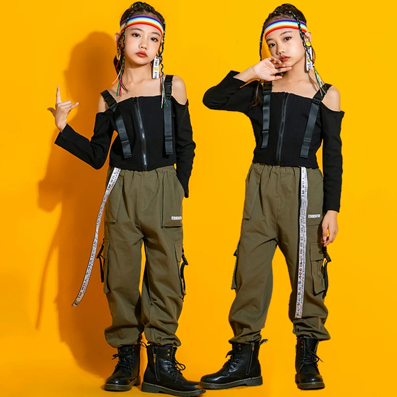Black Top Cargo Pants For Girls Jazz Dance Costumes Kids Cool Hip Hop