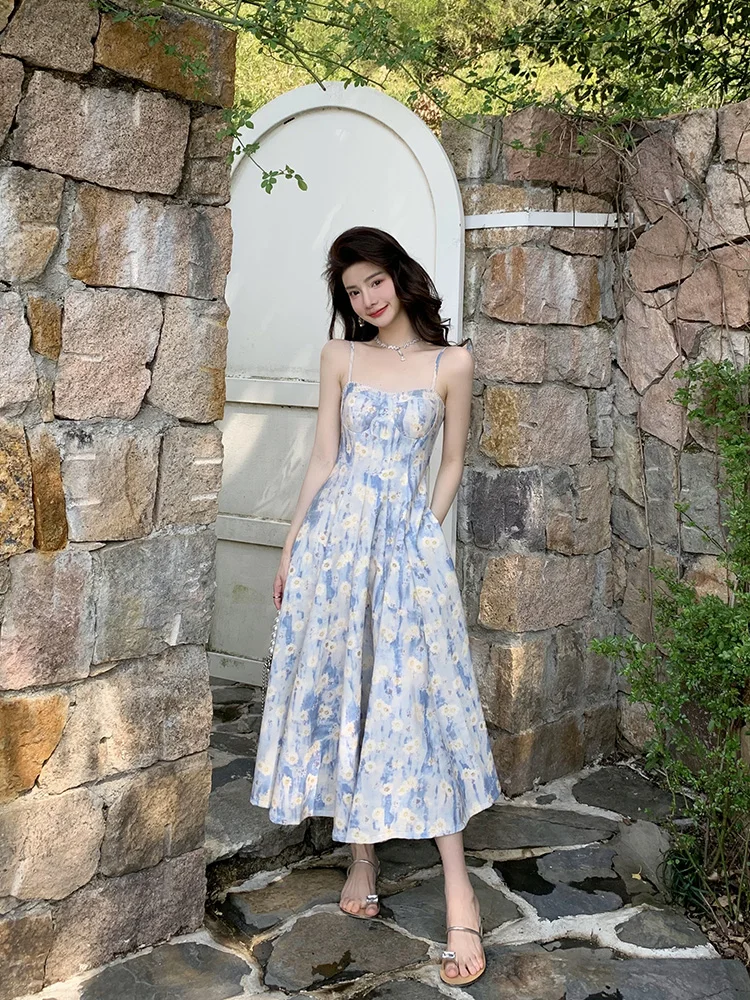 

Summer Print Elegant Vintage Dress Women Pearl Beading Retro Sweet Midi Dress Female Flower Princess Fairy Strap Dress 2023 New