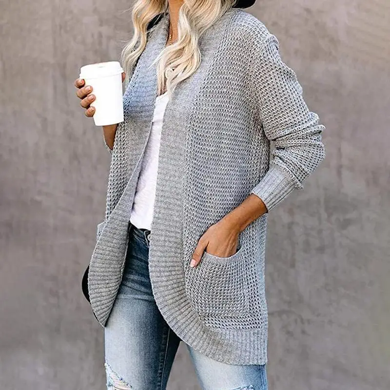 

Fashion Women Large Pocket Warm Sweater Cardigan V-neck Knitted Cardigan Solid Stitch Autumn Winter Ladies Long Sleeve Sweaters