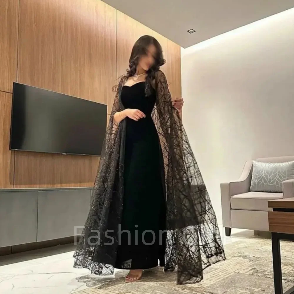 

2024 New Gorgeous Black Formal Occasion Dresses Ankle-length Tulle With Heavy Shoulder Sleeves Designed Custom Prom Dress