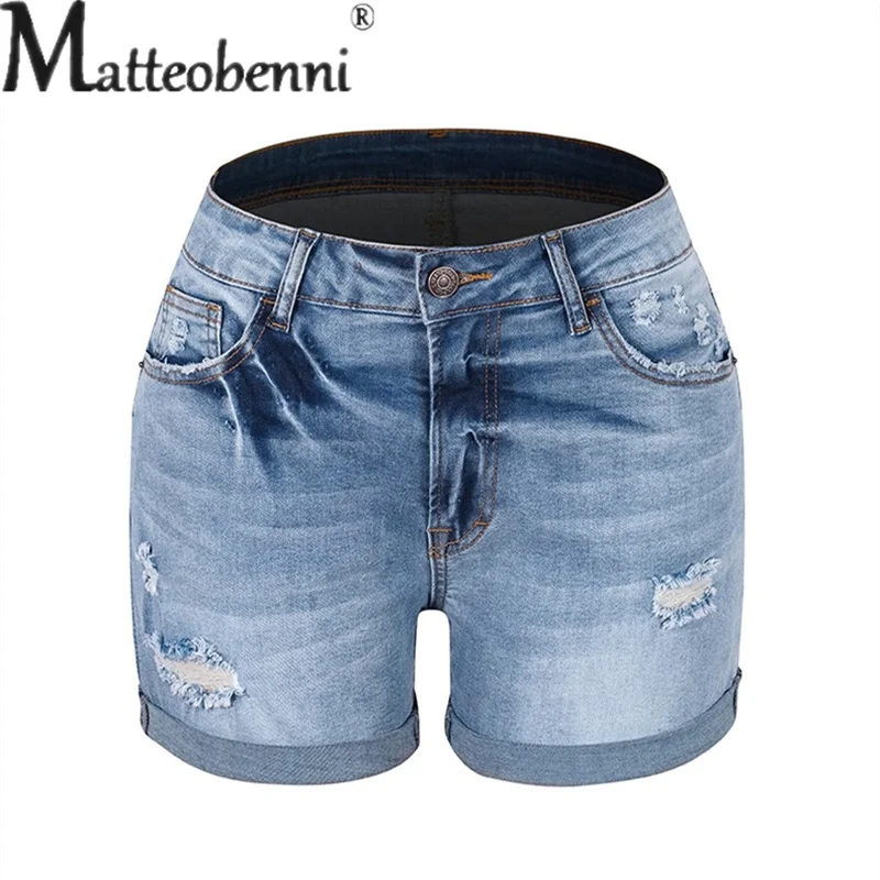 Fashion Mid Waist Button Splicing Broken Holes Denim Shorts Women Casual Stretch Three Quarter Pants Female Straight Mini Jeans