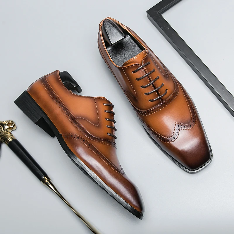 New Oxford Shoes for Men Lace-up Square Toe Black Brown Mens Dress Shoes Pu Leather Business Men Shoes 