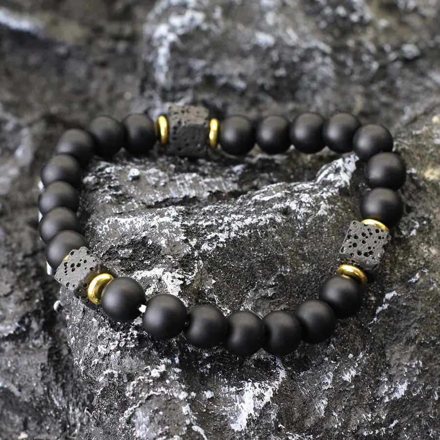 Natural Stone Obsidian Men Bracelet 8mm Volcanic Rock Meditation