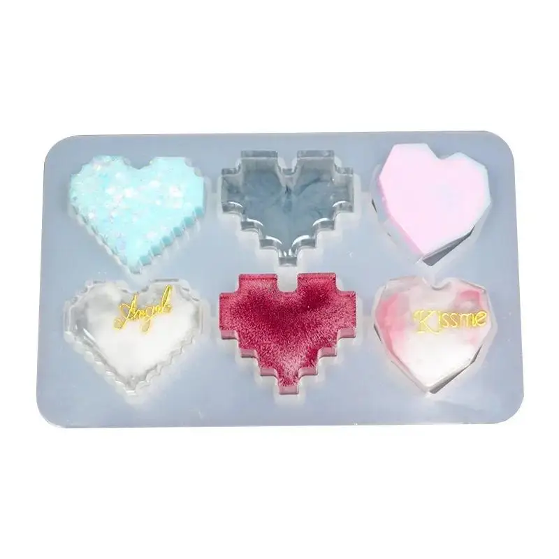 창의적인 DIY 수제 보석 도구 펜던트 실리콘 몰드 레진 크리스탈 UV 에폭시 레진 몰드 픽셀 사랑 하트 모양 고광택