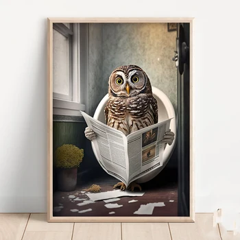 Badger Bat Owl Bathroom Wall Cute Funny Animal Poster Print Tub Toilet Humor Canvas Painting Reading Newspaper Room Home Decor 3