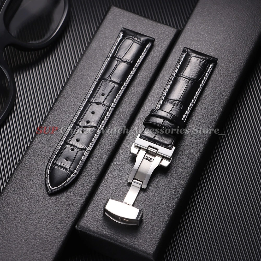 Sleek Calfskin Leather Watch Band with Butterfly Buckle