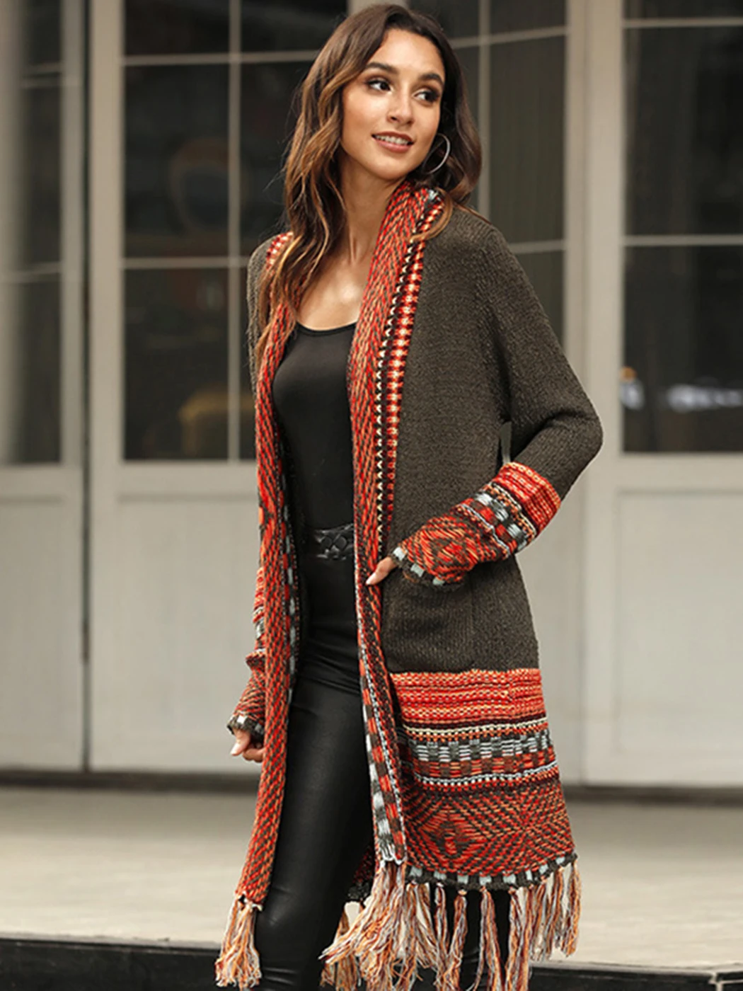 

2022 Bohemian Style Women's Cardigans Color Embroidery Stitching with Pockets Long Sleeve Tassel Loose Knitted Sweater Coat Chic