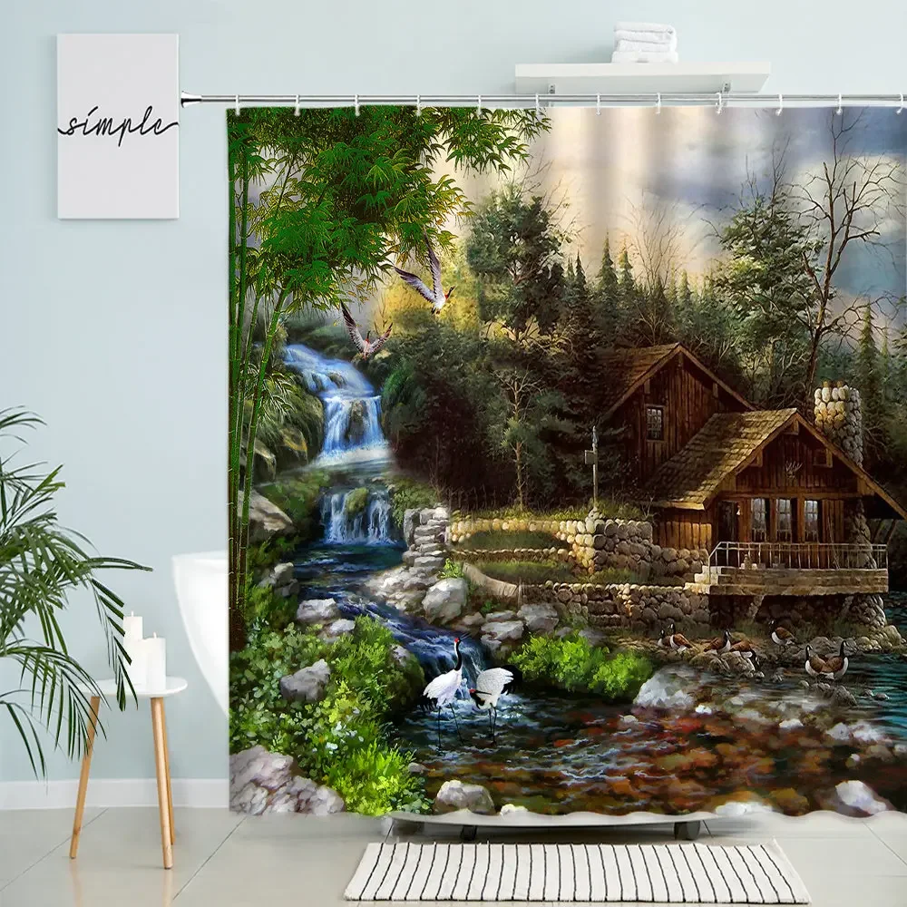 

Натуральный пейзаж, картина маслом, занавеска для душа, деревенский фермерский деревянный дом, лесные деревья, растения, ручья, водонепроницаемый декор для ванной комнаты
