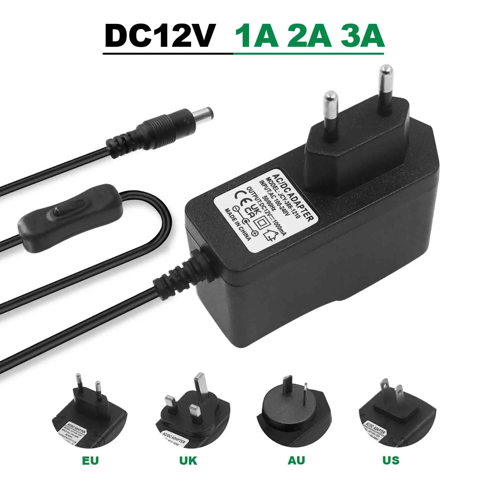 Universal Power Adapter with On/Off Switch - 12V DC Charger Converter, 100-240V AC Input