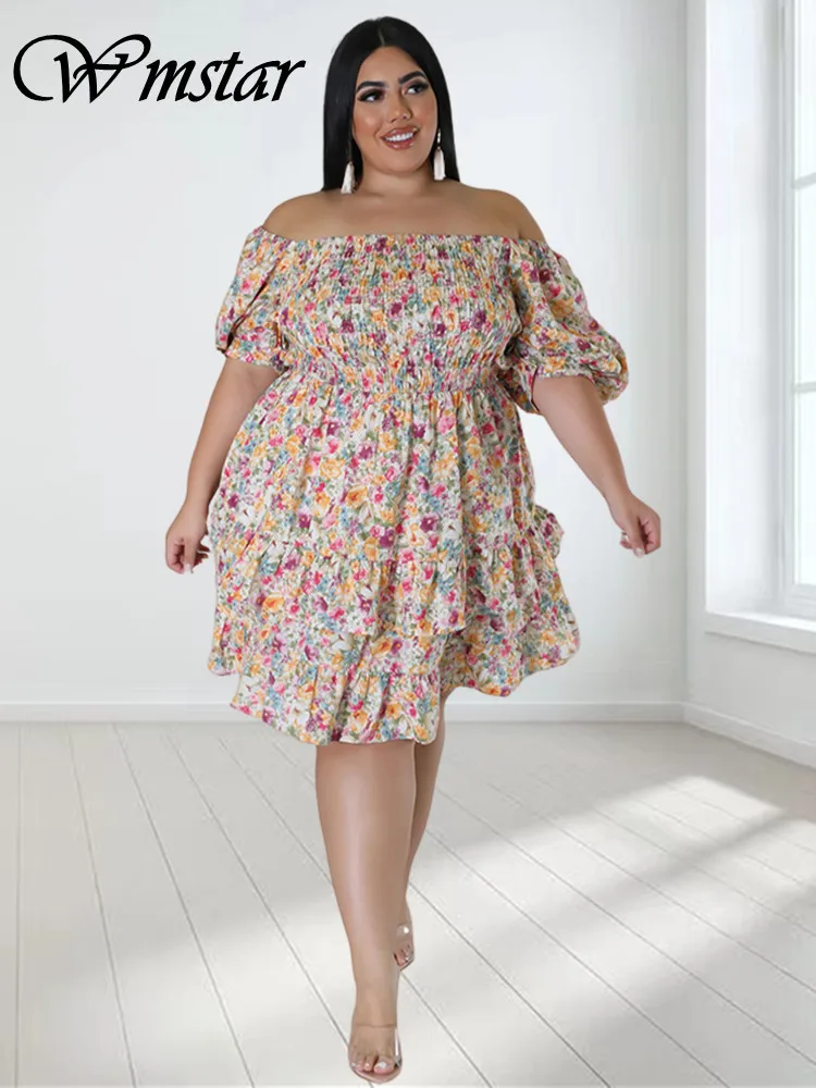 

Wmstar Plus Size Dresses for Women New In Summer Clothes Flower Print Puff Sleeve Cute Cake Midi Dress Wholesale Dropshipping