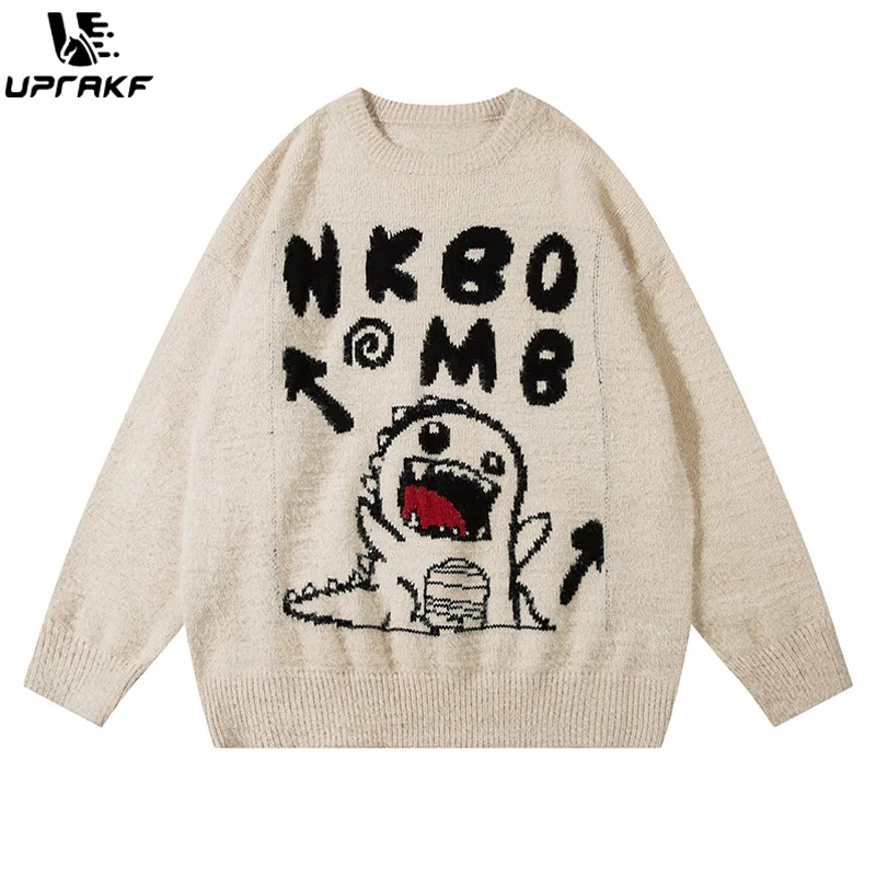 

UPRAKF Funny Dinosaur Embroidery Sweater Long Sleeves Round Neck Pullovers Oversize Autumn Casual Warm Leisure