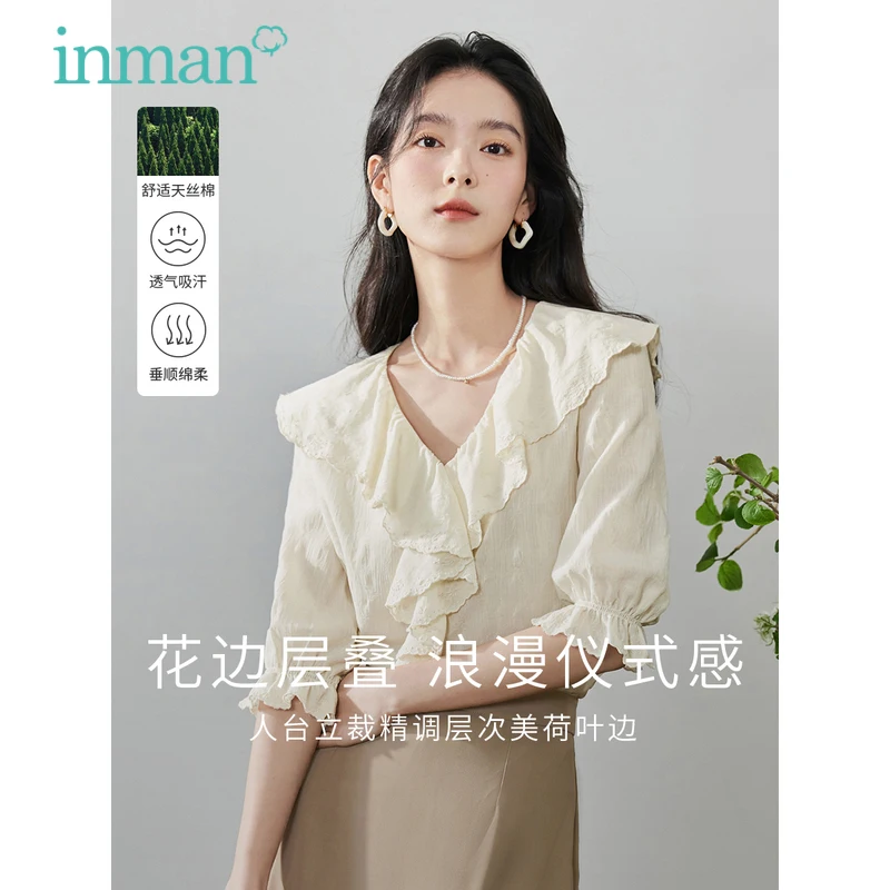 INMAN Women Blouse 2023 Summer Half Sleeve Ruffled V-neck Slim Shirts Texture Cool Fabric French Elegance Apricot Tops