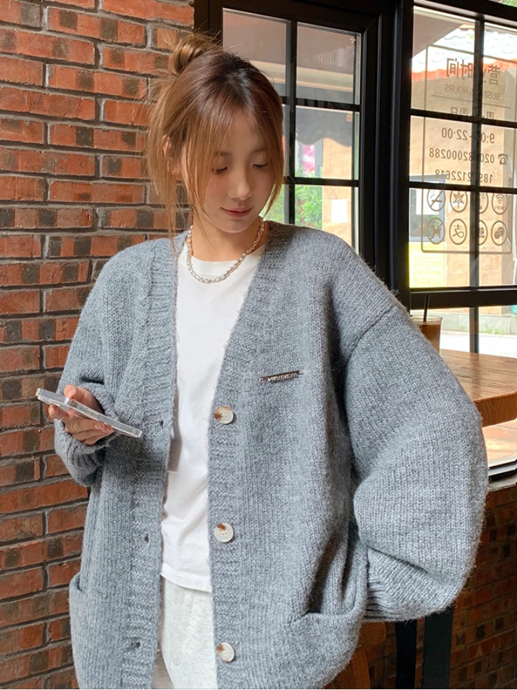 여성용 헐렁한 싱글 브레스트 가디건, 우아한 한국 스타일, 스타일리시 심플 브이넥 뜨게 스웨터, 심미적, 가을