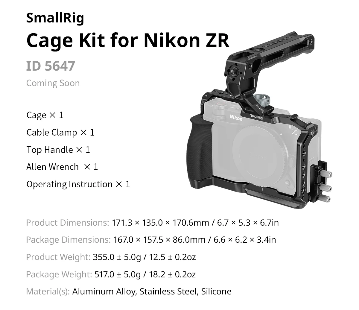 ZR Camera Cage for Nikon ZR, w Cable Clamp Silicone Handle Built-in Arca-Swiss Q
