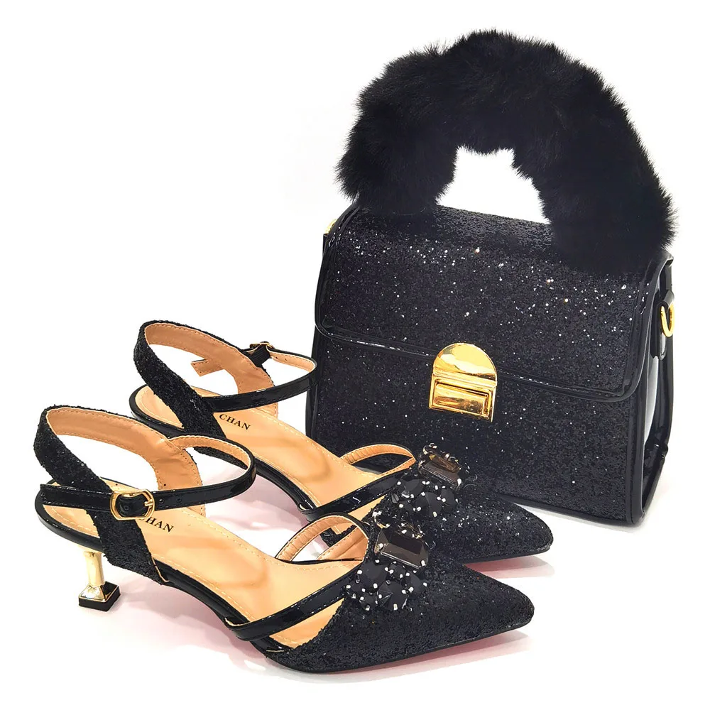 

New Arrival Italian Design Nigerian Fashion Crystal Style Black Color Party Wedding Ladies Shoes and Bag Set