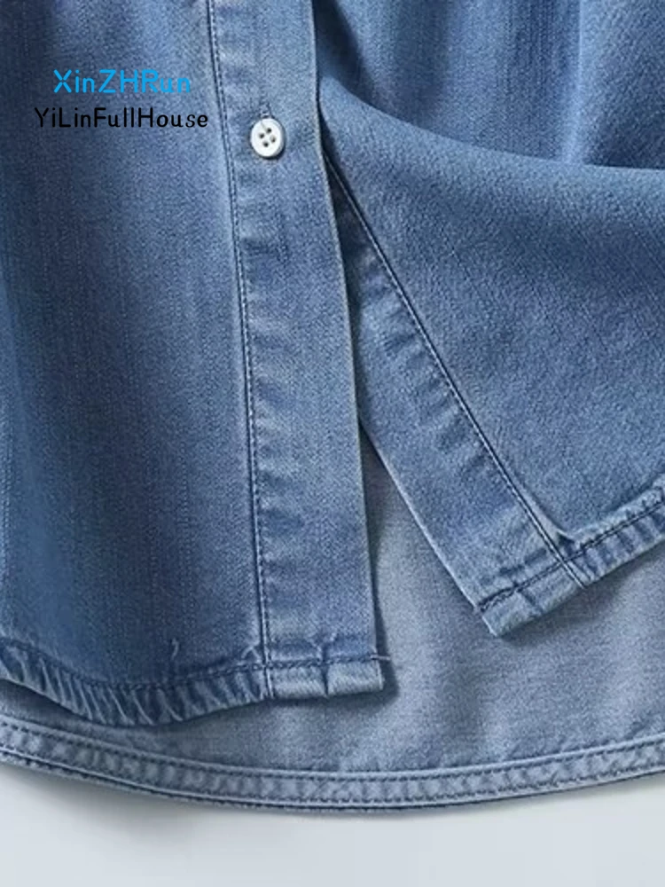 Summer New Women Fashion Casual Flip Collar Double Pocket Single Breasted Top Simple Versatile Women's Short Sleeve Denim Shirt