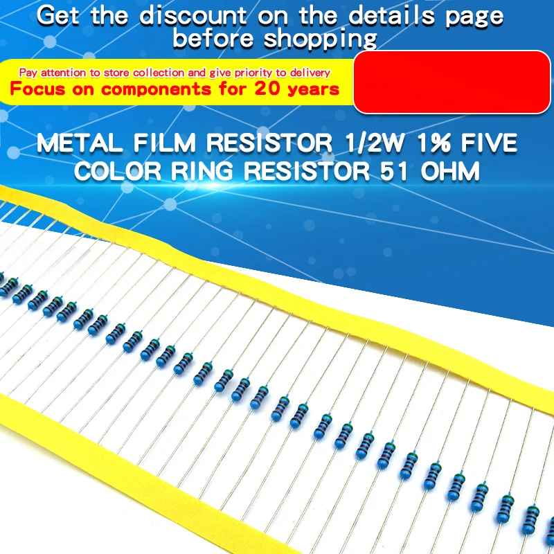 1% Metal Film Resistors 1/2W 1&Omega;~4.7M&Omega; 0.5W 4.7 10 47 100 200 470 910 1K 4.7K 10K 22K 100K 220K 470K 910K 1M 2.2M ohm 50pcs