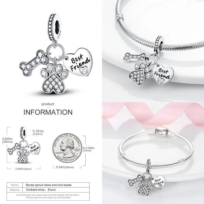 925 Sterling Silver Cat and Dog Series Pingente, apto para Pandora Pulseira Original, Encantos Colar Bead, DIY Jóias Femininas, Melhor Amigo