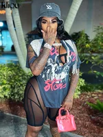 Kliou Casual Funny Print Tops Women Fashion Tassel O-neck Split Cleavage Short Sleeve Oversize Crop Streetwear Female Clothin