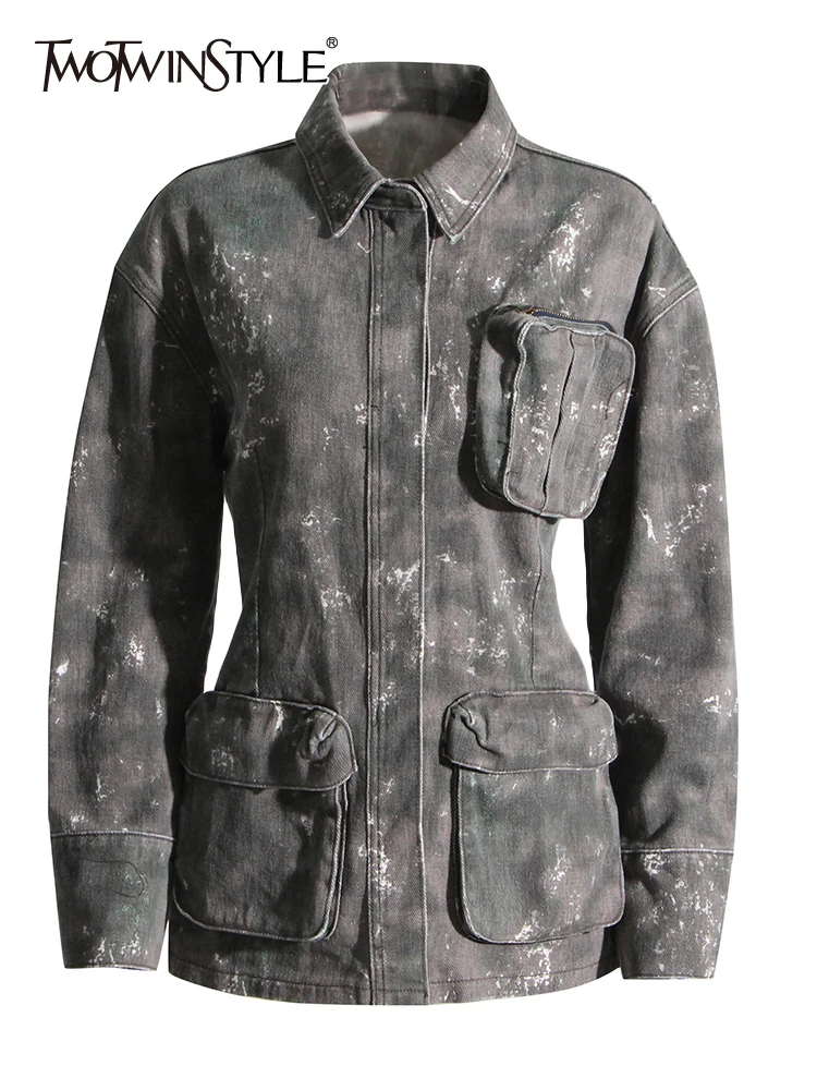 TWOTWINSTYLE Temperament Denim Jackets For Women Lapel