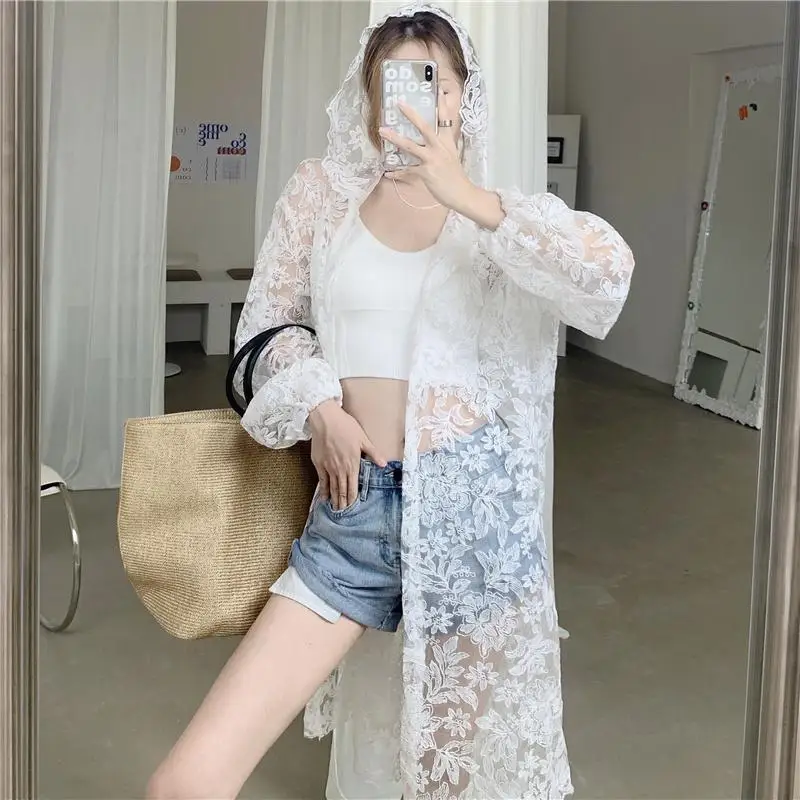 Women's Hooded Jacket Lace Sun Protection Jacket Spring Summer Plus Size Loose Retro Mid-length Hooded Jacket Thin Light Korean