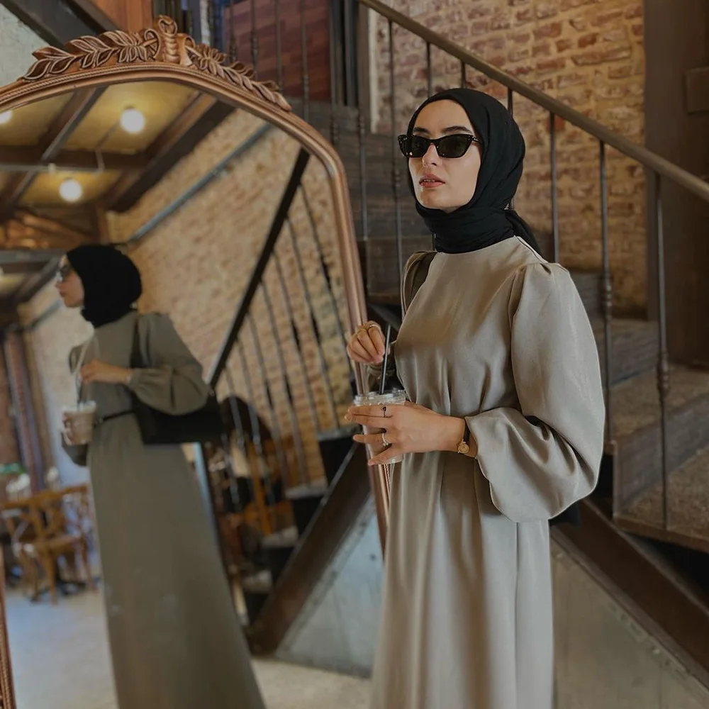 Elegant Waist Long Sleeve Dress For Women Dubai Turkey Slim Solid Ladies Clothing With Belt Autumn Half High Neck A-line Skirt