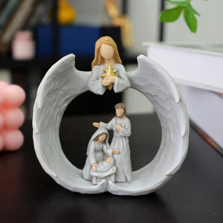 Description Picture 3 of itemAngelic Guardianship Nativity Statue Resin Manger Group Figurines Jesus Christian Catholic Religious Home Christmas Decorations