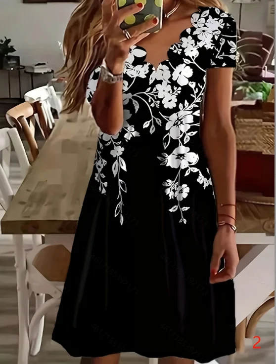 Frühling und Sommer Neues europäisches und N Damenkleid mit Digitaldruck, V-Ausschnitt und kurzen Ärmeln
