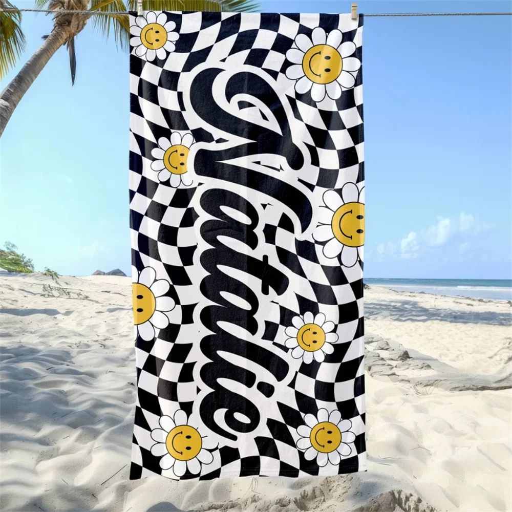 Personalized Daisy Grid Name Beach Towel, Custom Monogram Pool Towel, Signature Beach Towel For Kids, Vacation Gift Picnic Towel