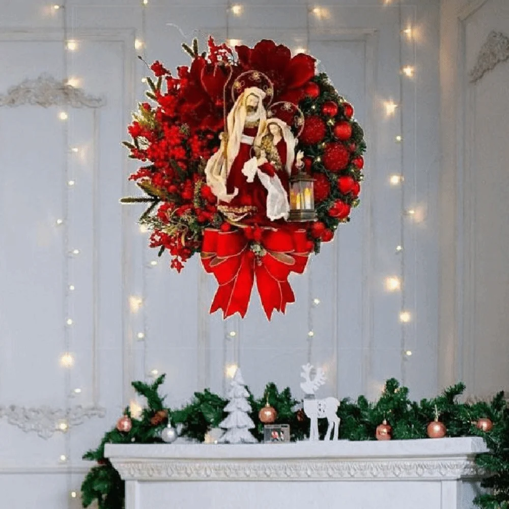 Red Christmas Wreath 2D Oil Lamp Door Hanging Artificial Garland Wooden Reusable Christmas Ornaments Staircase Balcony