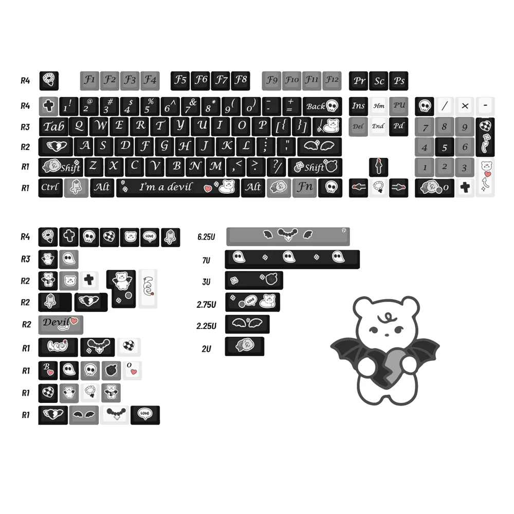 데빌 스타일 커스텀 키캡 체리 프로파일 염료 승화 PBT 143 키 세트, ISO 입력, GH60 RK61 75 RK87 기계식 키보드용