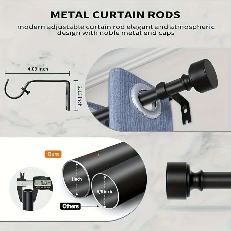Heavy-Duty Adjustable Black Curtain Rod Set-1 Inch Thick, Single Telescoping Drapery Rod for Bathroom & Living Room Decor