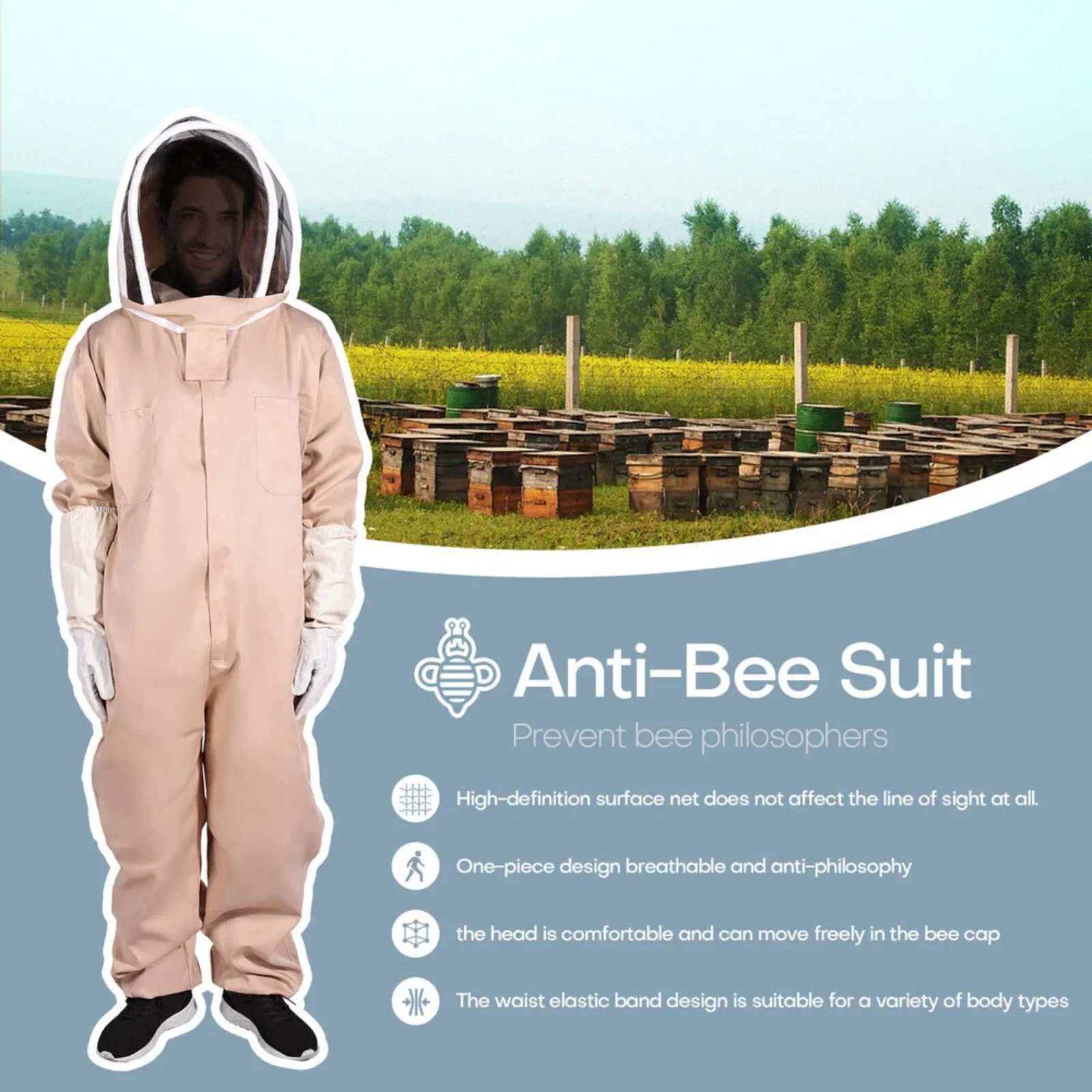US Full Body Ventilated Beekeeping Suit with Veil and Gloves, Protective Bee Jacket, US L and XXL