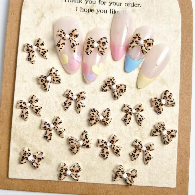 20Pcs New Maillard Color Ribbon Bow Nail Art Accessories Classic Leopard Print Tie Resin Nail Charms DIY Clips Nails Decorations 5