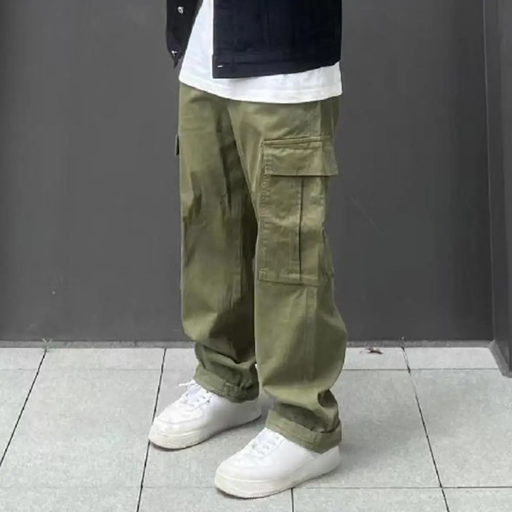 Men Cargo Pants Loose Elastic Waist Wide Leg Work Trousers Solid Color Multi Pockets Straight Deep Crotch Long Pants