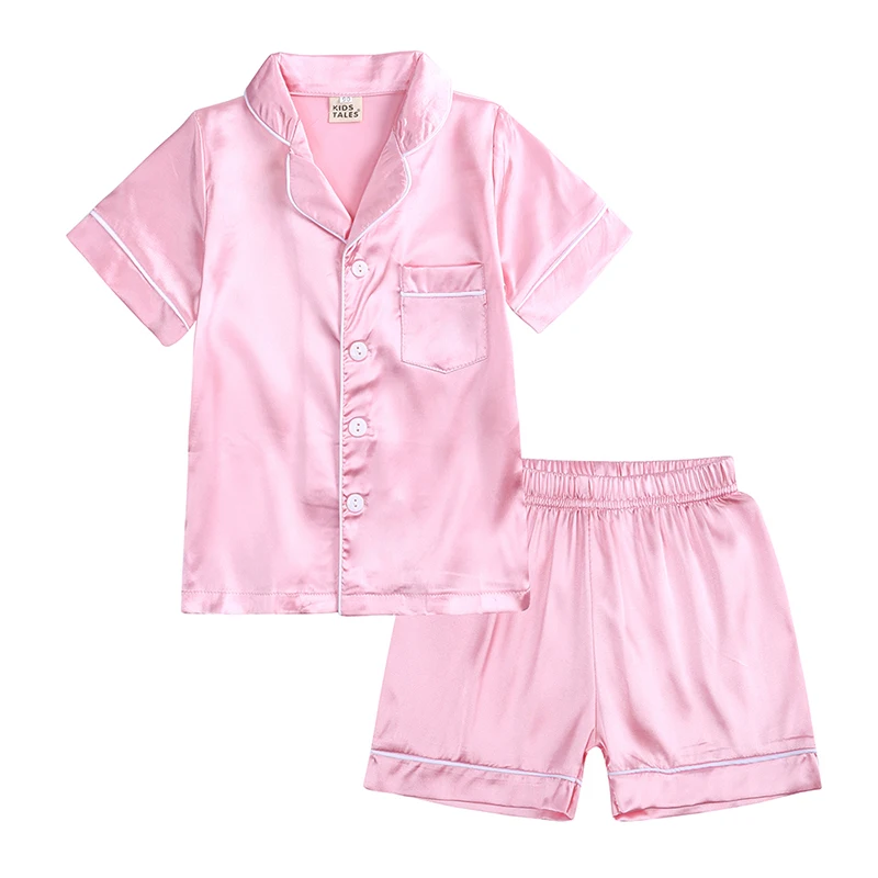 Little Kids Boys Girls Soft Silk Satin Pajamas Set Toddler Solid Classic Loungewear 2Pieces Button-Down Top Pants Sleepwear Suit kids pajamas set