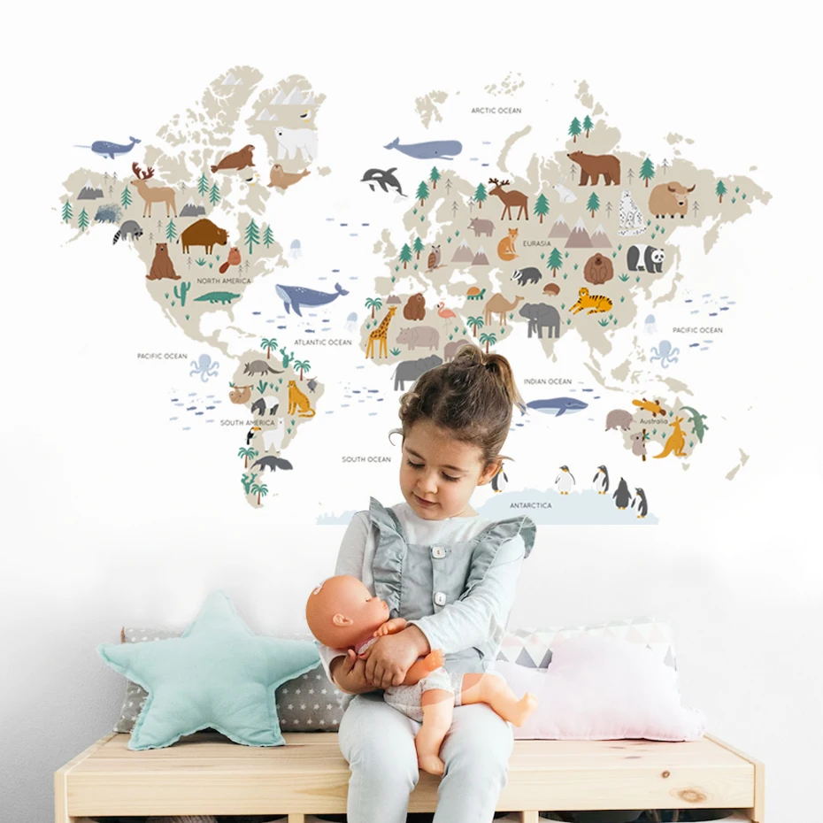 Large World Map Wall Stickers Cartoon Animals Wildlife Watercolor Kids Vinyl Nursery Art Decals for Babys Girls Room Home Decor