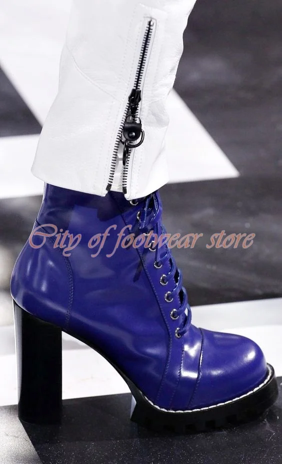 

Women 2022 Fall Design Shoes Black,purple,sliver Leather Lace up Chunky Heel Boot Round Toe High Heeled Ankle Boots