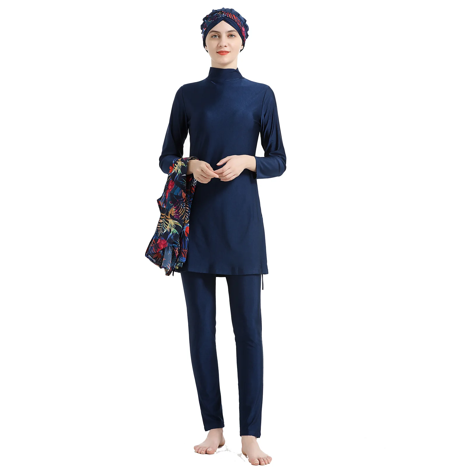 4PCS/Set Swimwear Floral Muslim Swimming Suit for Women Burkini with Pareo Printing Four-piece Swimsuits Borkini Femme Musulmane
