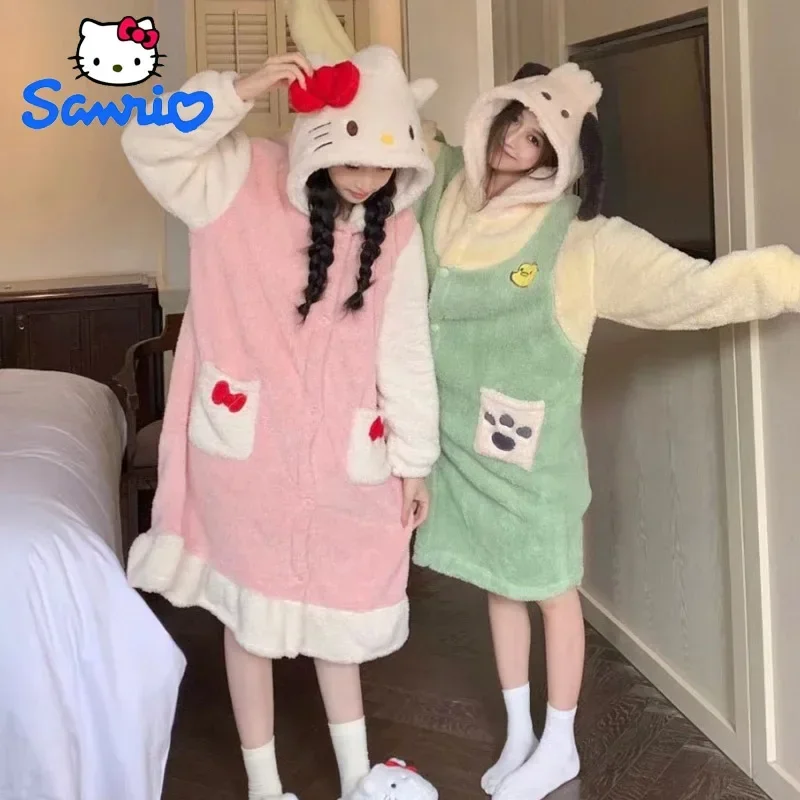 

Sanrio Hello Kitty Night-robe Thickened Flannel Pajamas Cute Cartoon Warm Girl Pajamas Comfortable and Soft Adult Gift