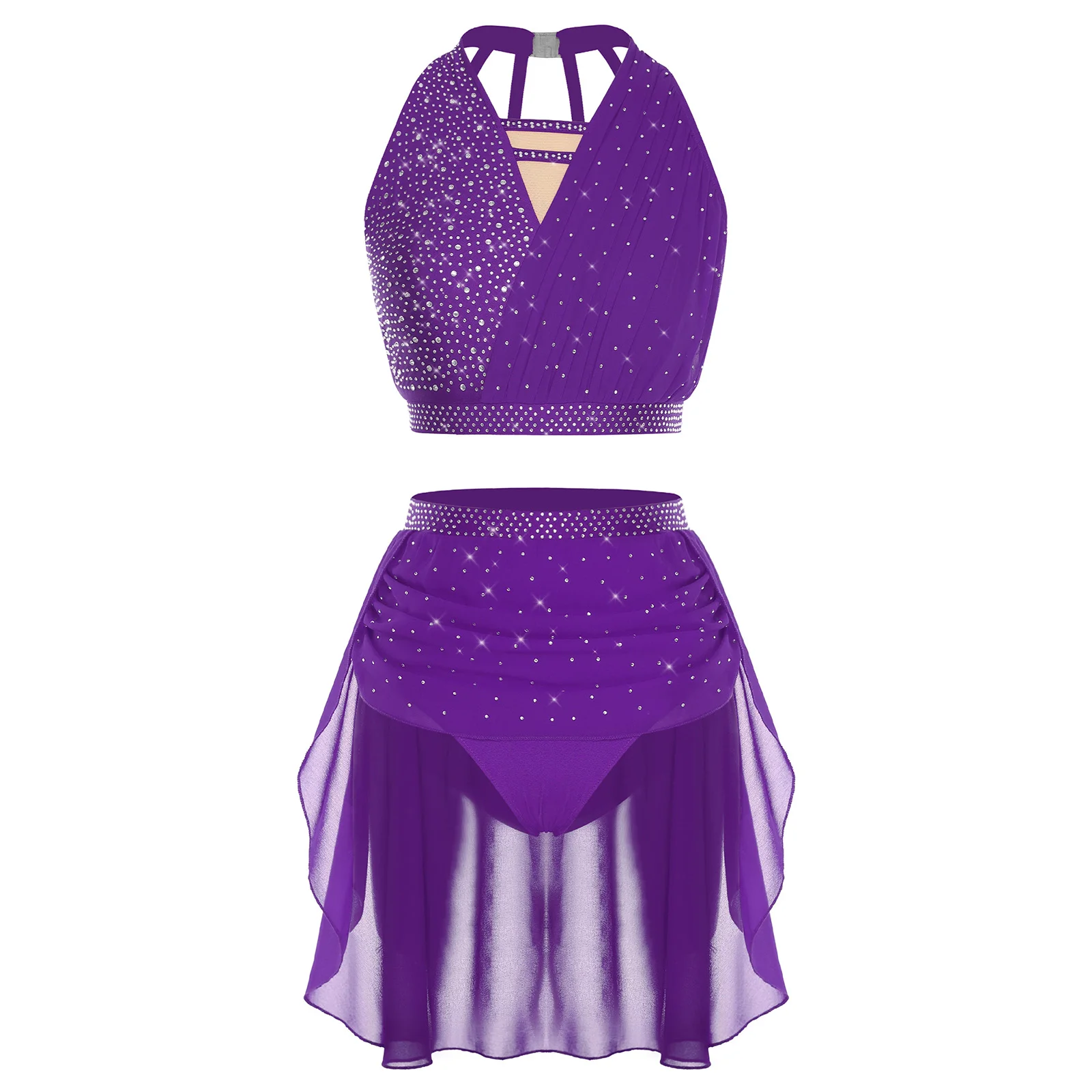 Damen Glänzendes Strass-Gymnastik-Kostüm für Eiskunstlauf, Lyrischen Tanz und Zeitgenössischen Ballett mit Crop Top und Rock – Detail 5